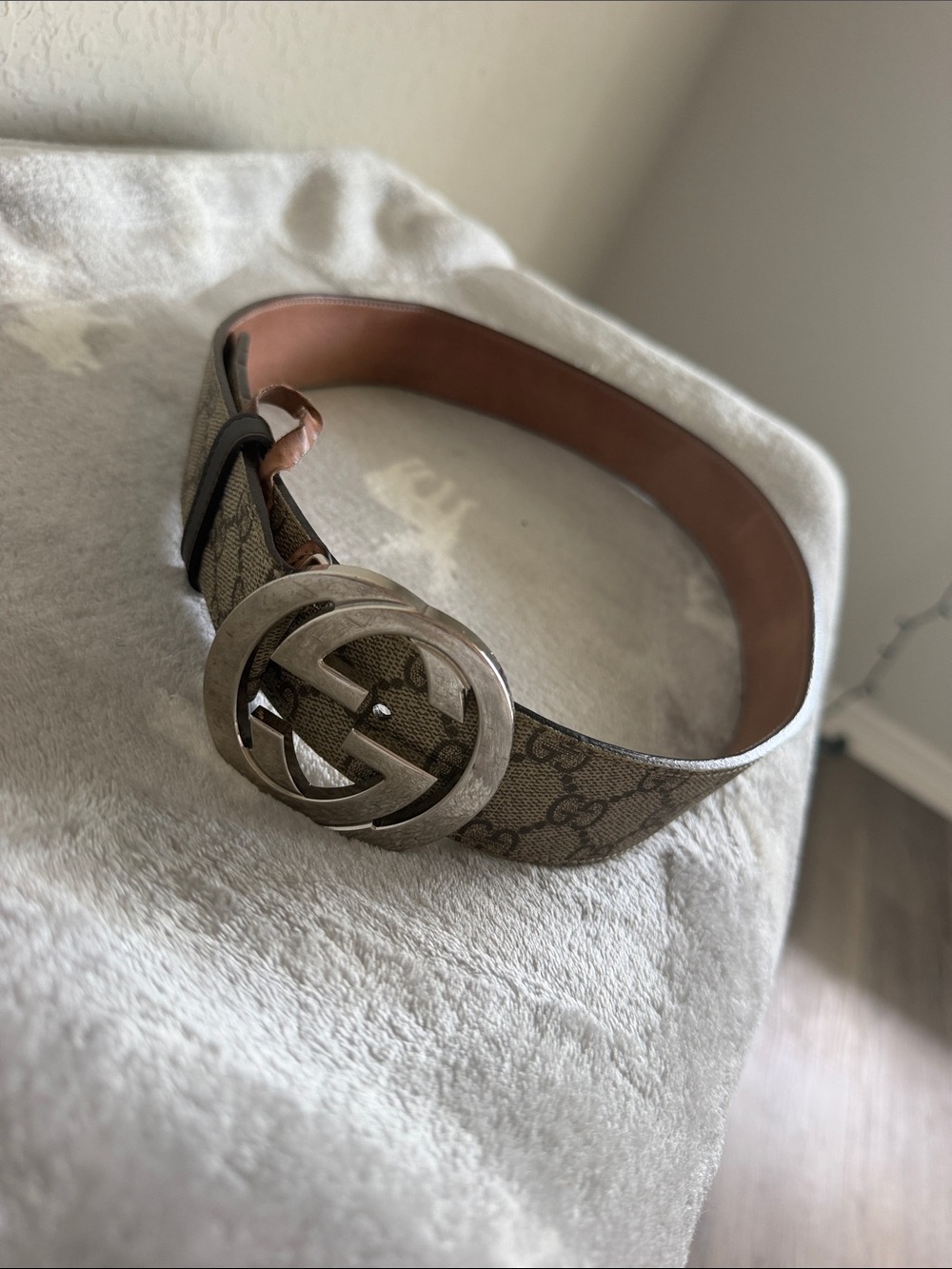 Gucci Brown Monogram GG Leather Belt with Silver Double G Buckle